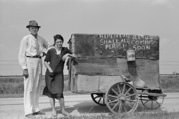 Traveling Evangelists with Cart on Road between Lafayette and Scott, Louisiana, USA, Russell Lee, Farm Security Administration, October 1938