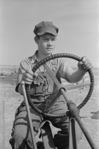Son of Mr. Germeroth, FSA Client, Portrait Sitting at Steering Wheel of Tractor, Sheridan County, Kansas, USA, Russell Lee, Farm Security Administration, August 1939