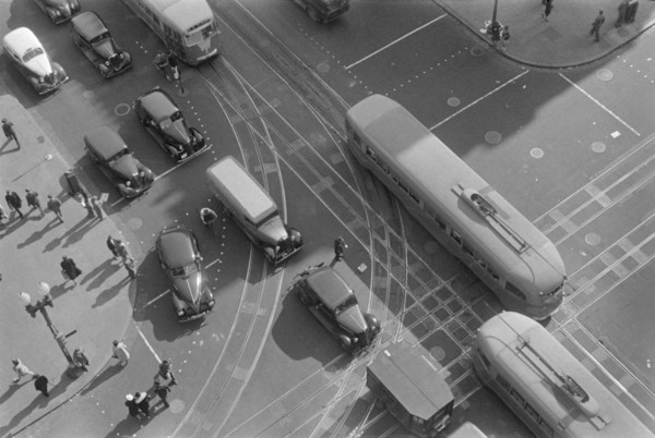 High Angle View of Street Scene with Pedestrians, Street Cars and Automobiles, 14th Street and Pennsylvania Avenue, Washington DC, USA, David Myers, Farm Security Administration, 1939