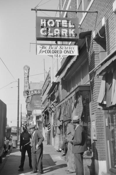 Hotel Clark with Sign "The Best Service for Colored Only", Beale Street Lined with Pawn Shops and Secondhand Clothing Stores, Memphis, Tennessee, USA, Marion Post Wolcott, Farm Security Administration...