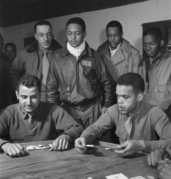 Tuskegee Airmen Playing Cards in Officers' Club, Seated, left to right: Robert Spurlock, Washington, DC; Harold M. Morris, Seattle, WA, Class 44-D