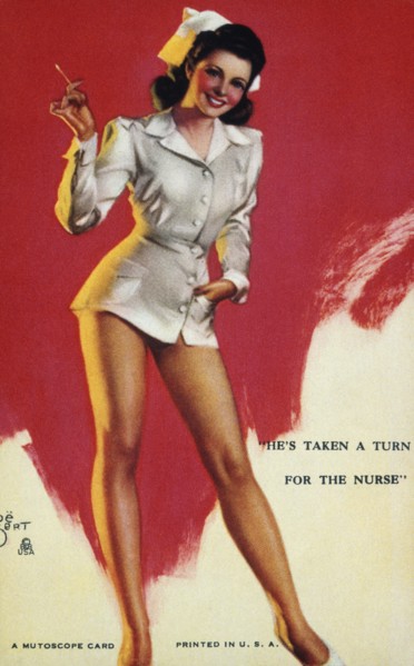 Woman Dressed as Sexy Nurse, "He's Taken a Turn for the Nurse", Mutoscope Card, 1940's