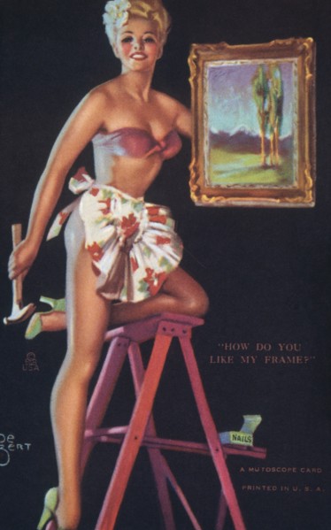Sexy Woman Hanging Framed Painting on Wall, "How Do You Like My Frame?", Mutoscope Card, 1940's