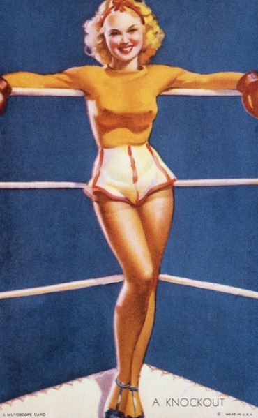 Woman Standing in Boxing Ring, "A Knockout", Mutoscope Card, 1940's