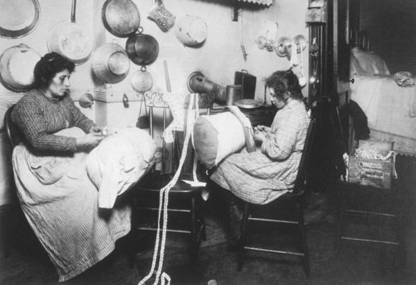 Mother and Daughter Making Pillow Lace in Tenement Apartment, New York City, USA, circa 1911