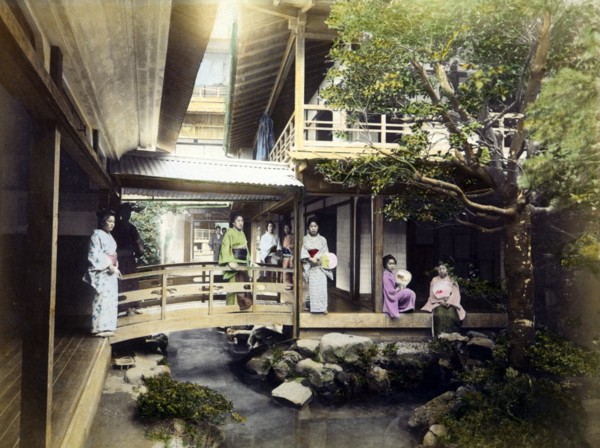 Group of Japanese Women in Traditional Clothes Inside Tea House, Tonosawa, Hand Colored Albumen Photograph, circa 1880