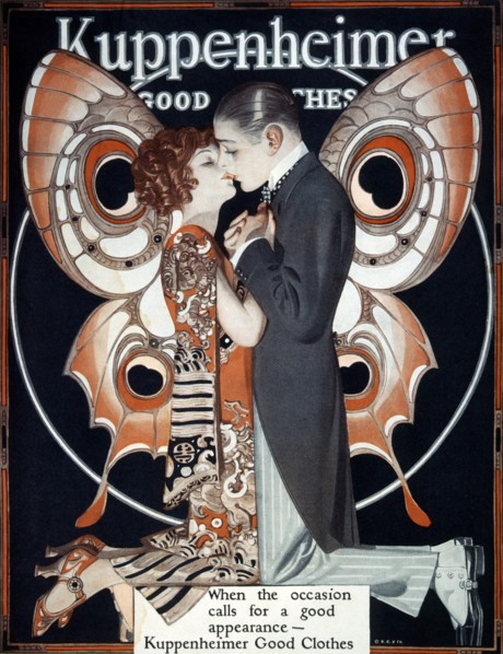 Fashionable Couple Kissing in Front of Butterfly, Advertisement for Kuppenheimer Clothing, circa 1924
