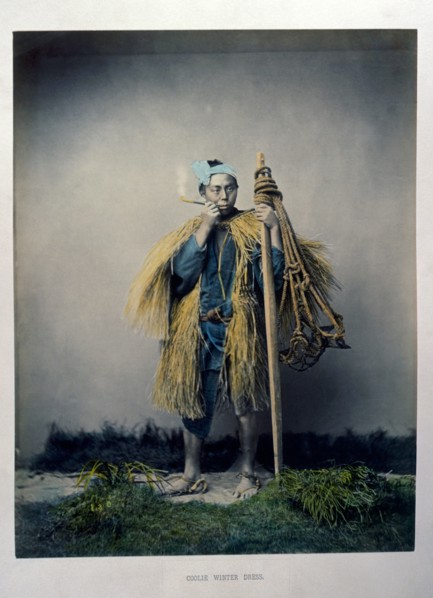 Japanese Coolie in Winter Dress, Hand-Colored Albumen Photograph, circa 1870