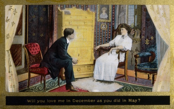 Couple Seated in Parlor, Will You Love Me in December as You did in May?, Postcard, circa 1910
