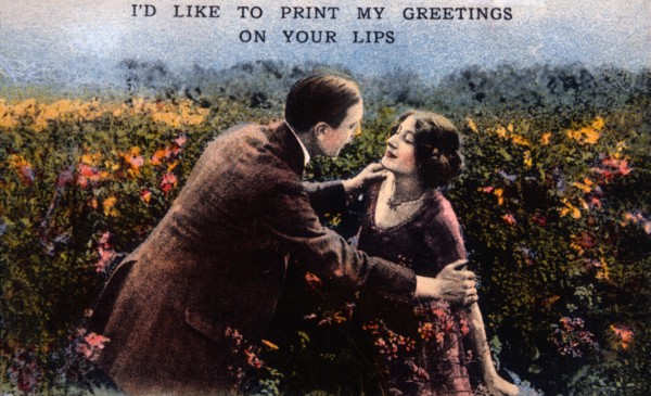 Man and Woman in Field of Flowers, I'd Like to Print my Greeting on Your Lips, Postcard, circa 1914