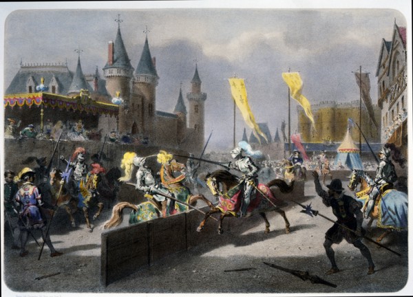 Henry II is Mortally Wounded by Montgomery, Tournament in Paris, France, Hand-Colored Engraving, June 25, 1559