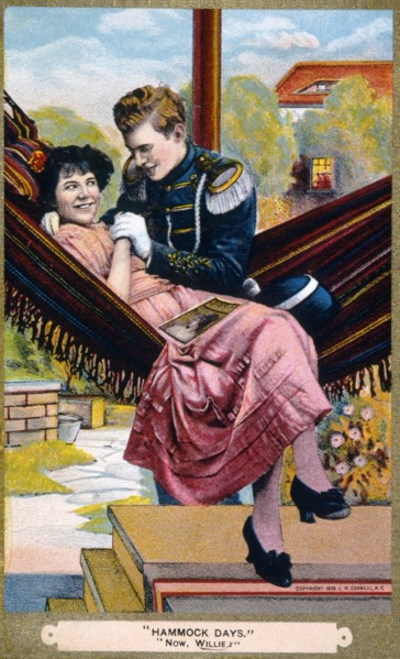 Couple Seated in Hammock, Hammock Days, Trade Card, circa 1909