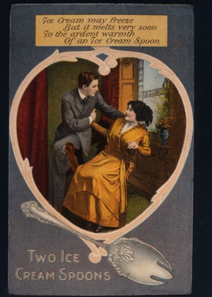 Romantic Couple, Two Ice Cream Spoons, Postcard, circa 1914