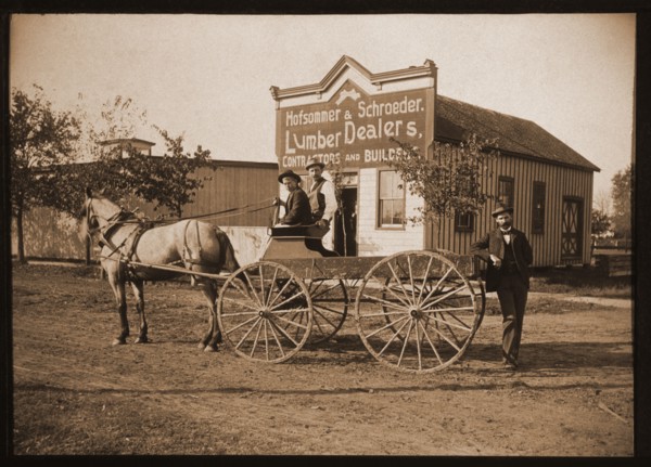 Horse and Buggy and Men in Front of a Lumber Store, 1900