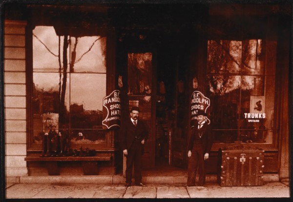 Two Men Standing in Front of Variety Store, Macomb, Illinois, USA, circa 1893