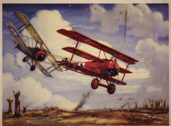 Canadian Pilot, Captain Arthur Roy Brown, in his Sopwith Camel Downing Baron Manfred von Richthofen in his Fokker Tri-Plane, April 21, 1918
