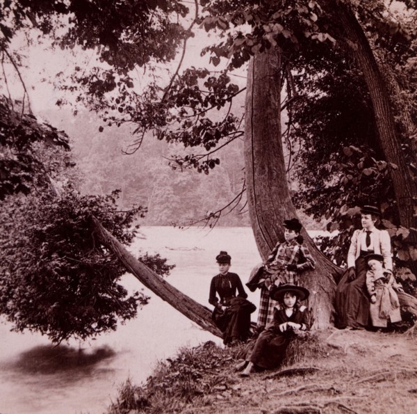 Group of Women and Children Relaxing by River, USA, Albumen Photograph, 1898