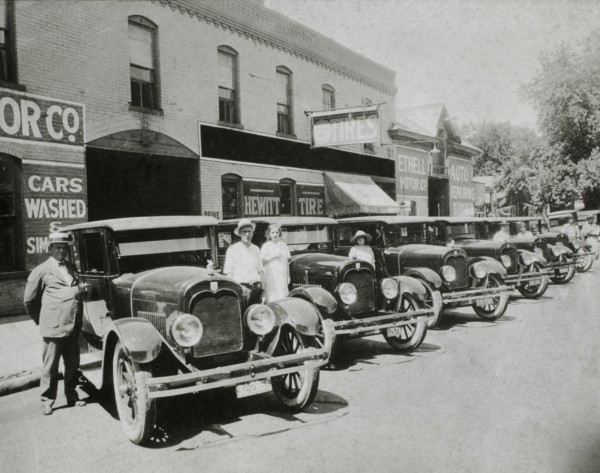 People Posed With Row of Automobiles, USA, 1921