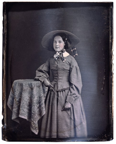 Young Woman in Long Dress and Large Floppy Hat with Riding Crop, Portrait, Daguerreotype, circa 1850's