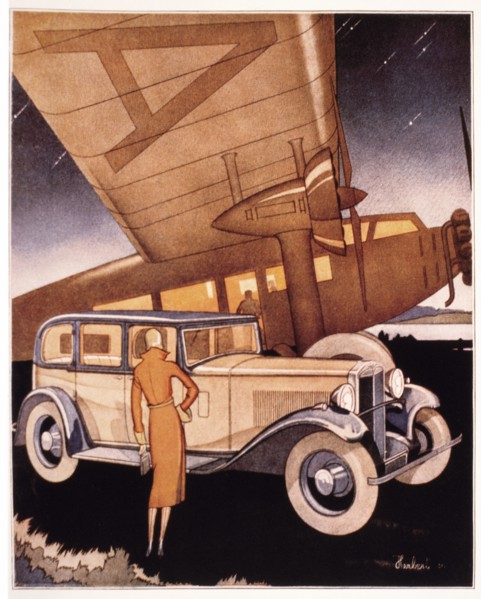 Woman Standing Next to Car and Airplane, Hillman Wizard Automobile Advertisement, 1931