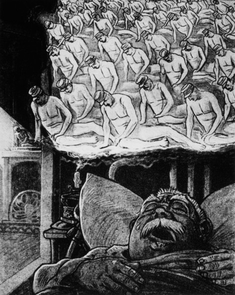 World War I German Cartoon in Die Lustige Blatter, Berlin, Germany, General Joffre's Dream of French Battlefield Losses, circa 1915