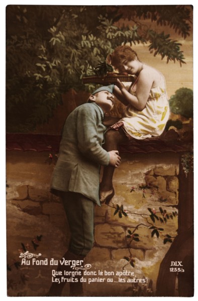 World War I French Poster, A French Soldier and his Sweetheart, Au Fond du Verger, circa 1914
