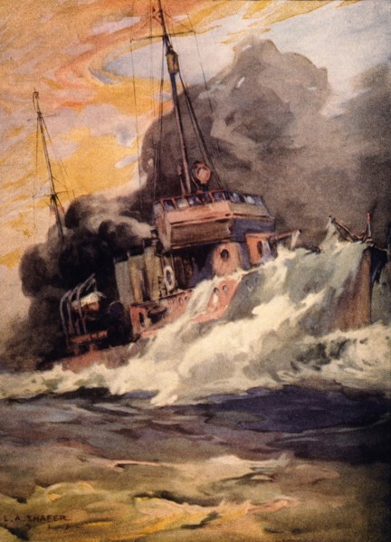World War I American Destroyer Laying Smoke Screen in North Atlantic Ocean, Illustration by LA Shafer, USA, Painting, circa 1917