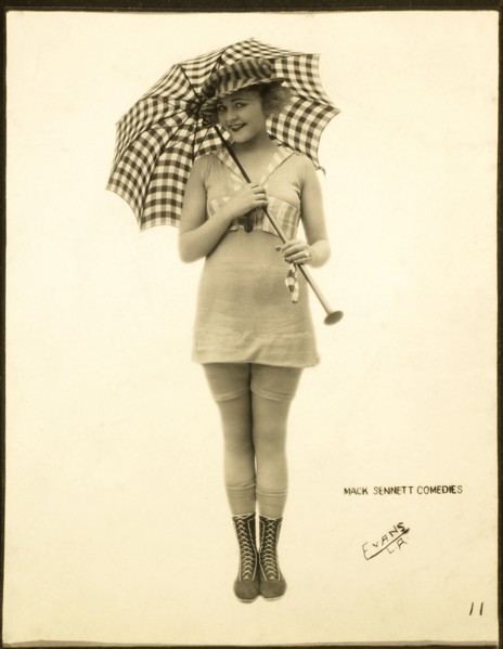 Woman in One-Piece Bathing Suit Holding Parasol, Mack Sennett Bathing Beauty, circa 1920