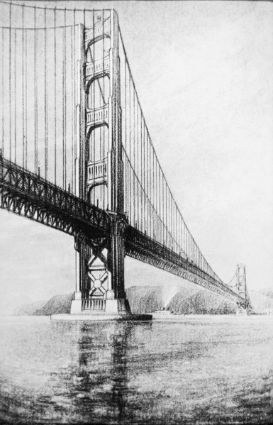 Golden Gate Bridge before Completion, San Francisco, California, USA, Artist Drawing, 1937