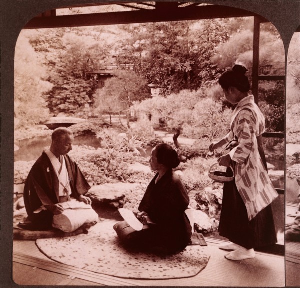 Two People Sitting in Japanese Garden, Kyoto, Japan, Single Image of Stereo Card, circa 1904