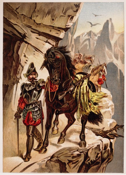 Hernando Pizarro Crossing the Andes, 1532, Chromolithograph, 1892