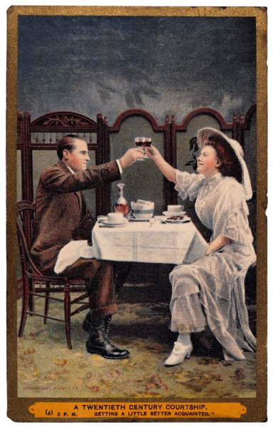 Couple in Restaurant Toasting Each Other With Wine Glasses, "A Twentieth Century Courtship", circa 1901