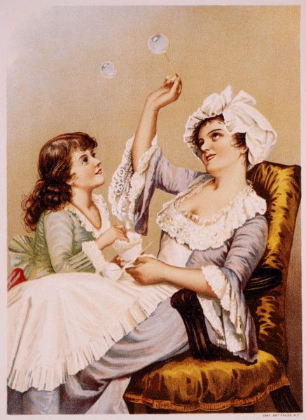 Mother and Daughter Blowing Bubbles, Lithograph, Gast Art Press, 1891