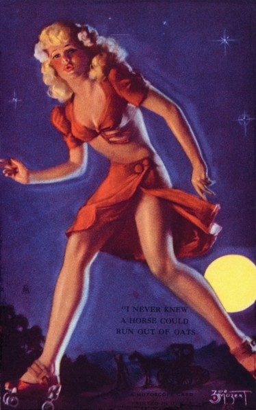 Sexy Woman on Roller skates, "I Didn't Know a Horse Could Run out of Oats", Mutoscope Card, 1940's