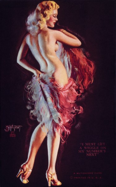 Sexy Woman Wearing Feather Costume, "I must Get my Wiggle On, My Number's Next", Mutoscope Card, 1940's