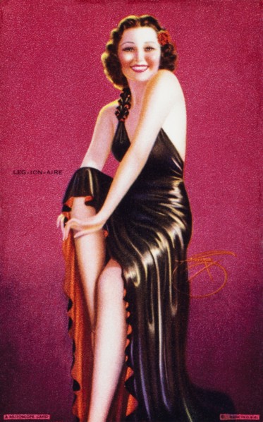 Sexy Woman in Black Gown Showing Legs, "Leg-ion-aire", Mutoscope Card, 1940's