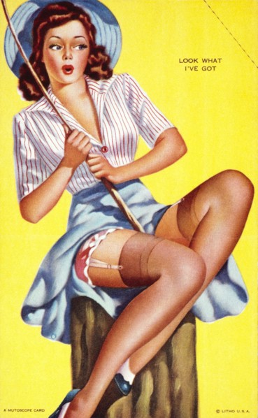 Sexy Woman Catching a Fish, "Look What I've Got", Mutoscope Card, 1940's