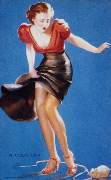 Sexy Woman Looking Down at Mouse, "Playing Safe", Mutoscope Card, 1940's