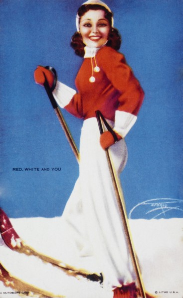 Sexy Woman Skiing, "Red, White and You", Mutoscope Card, 1940's