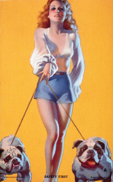 Sexy Woman Walking Two Bulldogs, "Safety First", Mutoscope Card, 1940's