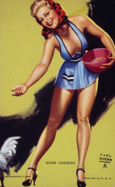 Sexy Woman Feeding Chickens, "Some Chicken", Mutoscope Card, 1940's