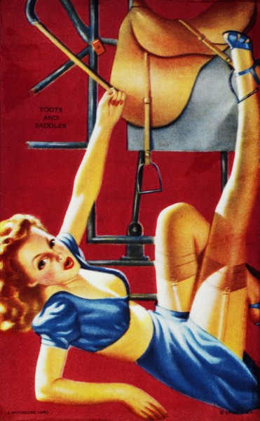 Sexy Woman Riding Mechanical Bull, "Toots and Saddles", Mutoscope Card, 1940's
