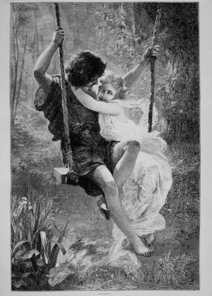 Romantic Young Couple on Swing, "Sunshine", Illustration, Harper's Weekly, 1874