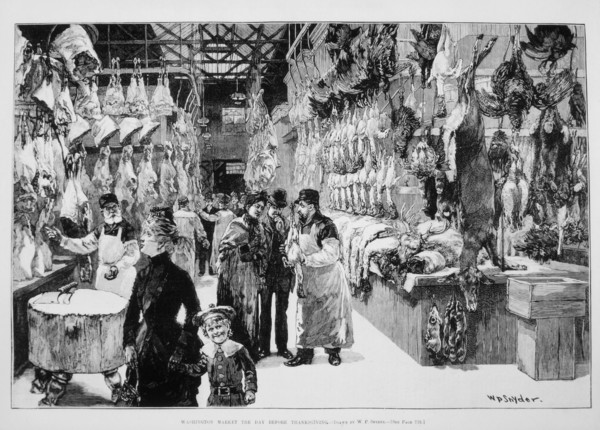 Customers in Butcher Shop, "Washington Market the day Before Thanksgiving", Illustration, Harper's Weekly, 1874