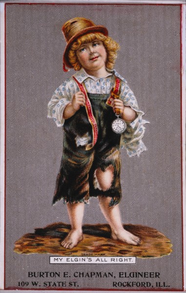 Young Boy with Pocket Watch, My Elgin's All Right, Elgin Watch Company, Trade Card, circa 1895