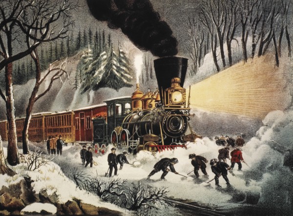 American Railroad Scene, Snow Bound, Lithograph, Currier & Ives, 1871