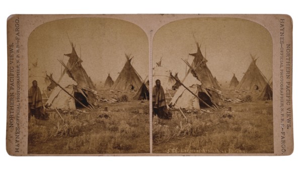 Lodges of Assinabone (Assiniboine) Indians, Dakota Territory, USA, Stereo Card, circa 1870's