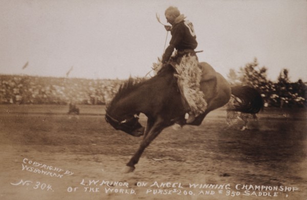 Rodeo Rider L.W. Minor on the Horse, Angel, Winning Championship of the World, circa 1919