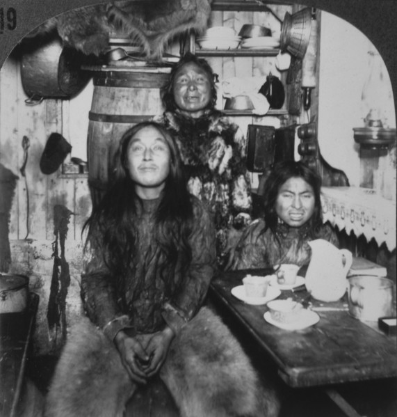 Eskimo Family in Home, Portait, Fort Magnesia, Cape Sabine, Ellsmere Island, Canada, Single Image of Stereo Card, circa 1900