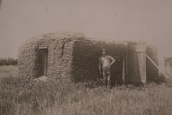 Man Standing Near his Sod House, North Dakota, USA, circa 1889